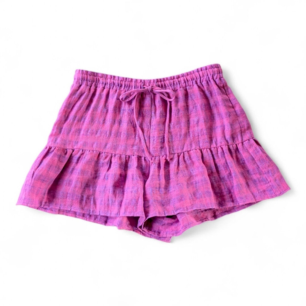 Lavender Brown Linen Plaid Ruffled Shorts Sz M | Weekend Stroll Favorite - Picture 5 of 10
